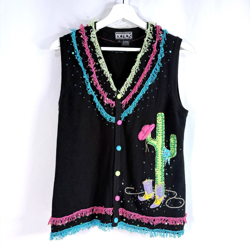 Berek Sweater Vest Black Western Cactus Cowboy Boots Fringe Sequin Small